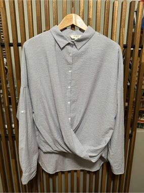 Umgee Striped Twist Front Button Down Shirt Blue White Roll Tab Hi Low Boho